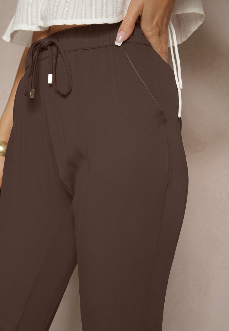 Brązowe Spodnie Dresowe High Waist z Ozdobnym Wiązaniem Ellivaria