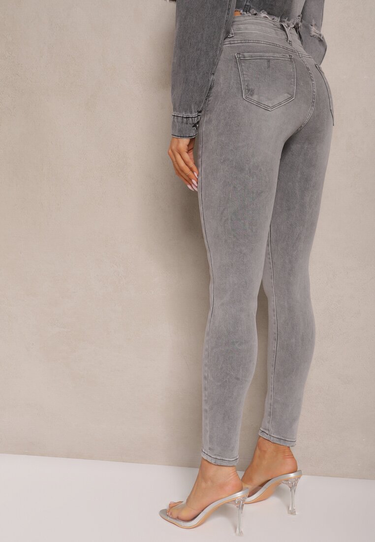 Jasnoszare Jeansy o Fasonie Skinny High Waist z Ozdobnymi Przetarciami Lililiane