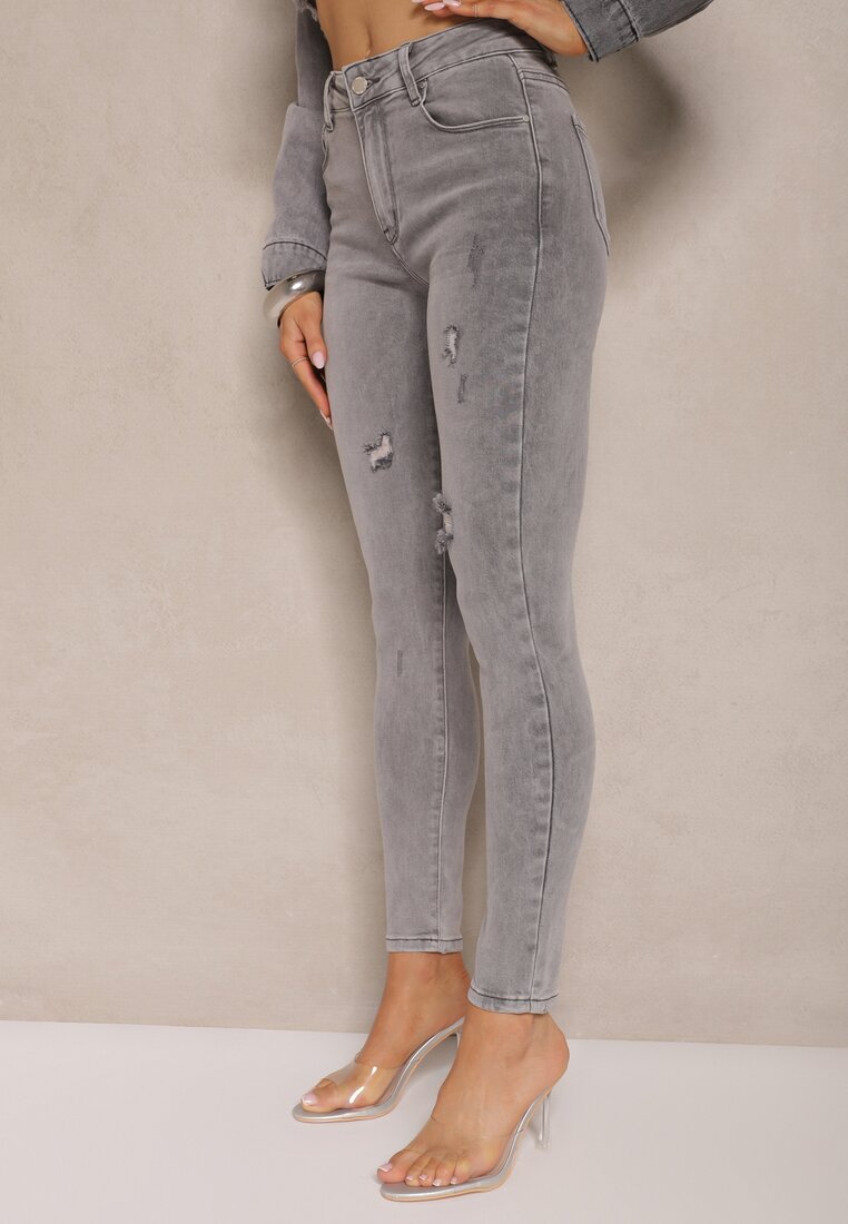 Jasnoszare Jeansy o Fasonie Skinny High Waist z Ozdobnymi Przetarciami Lililiane