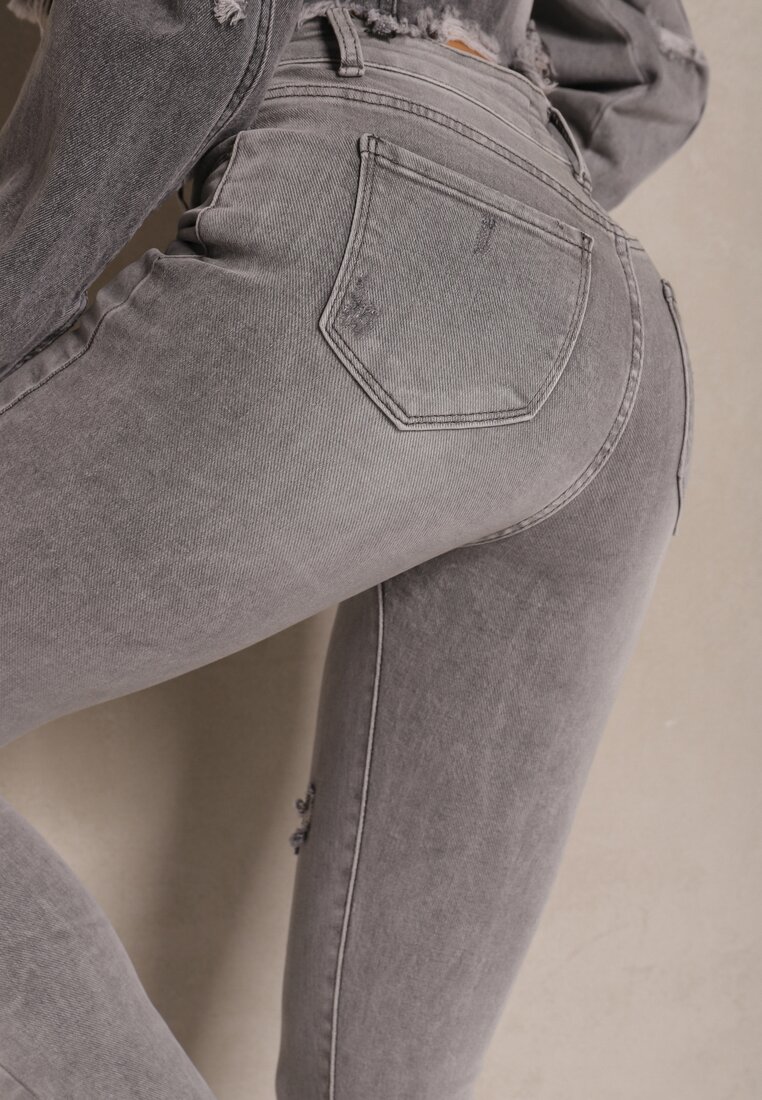Jasnoszare Jeansy o Fasonie Skinny High Waist z Ozdobnymi Przetarciami Lililiane