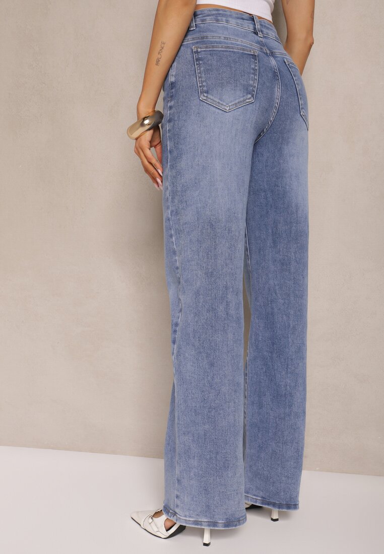 Niebieskie Jeansy High Waist Szerokie z Dodatkiem Bawełny Rivlio