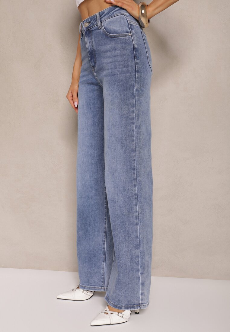 Niebieskie Jeansy High Waist Szerokie z Dodatkiem Bawełny Rivlio