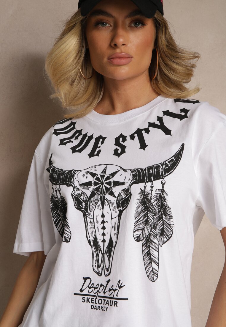 Biała Koszulka T-shirt Bawełniany z Ozdobnym Nadrukiem Napene