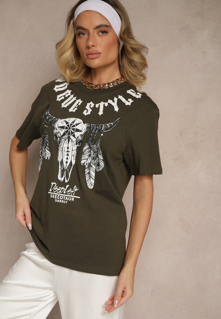 Ciemnobeżowa Koszulka T-shirt Bawełniany z Ozdobnym Nadrukiem Napene