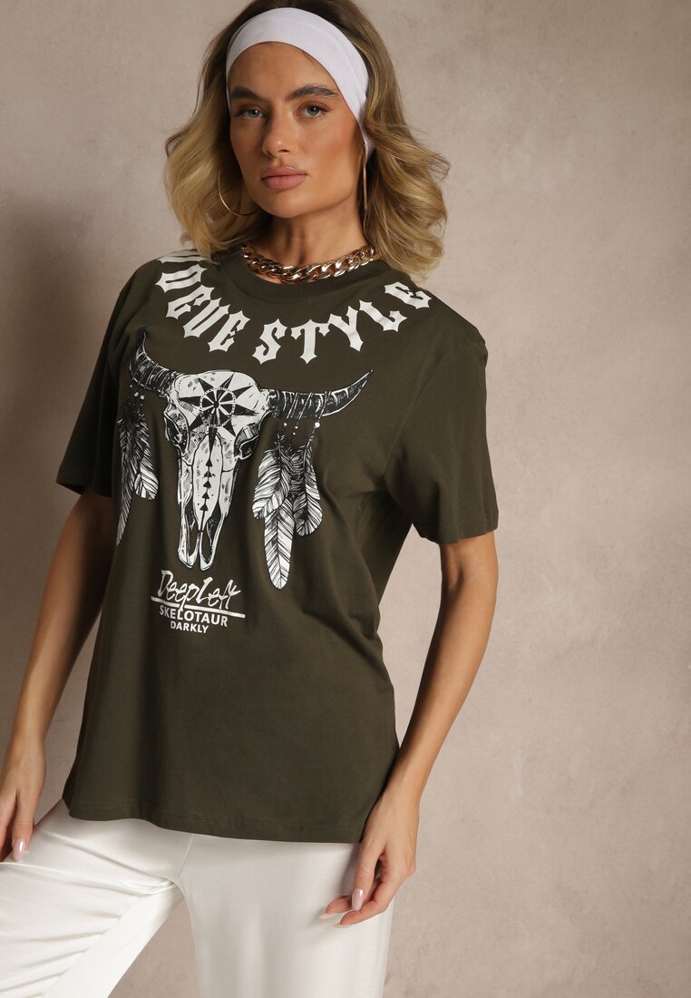 Ciemnobeżowa Koszulka T-shirt Bawełniany z Ozdobnym Nadrukiem Napene