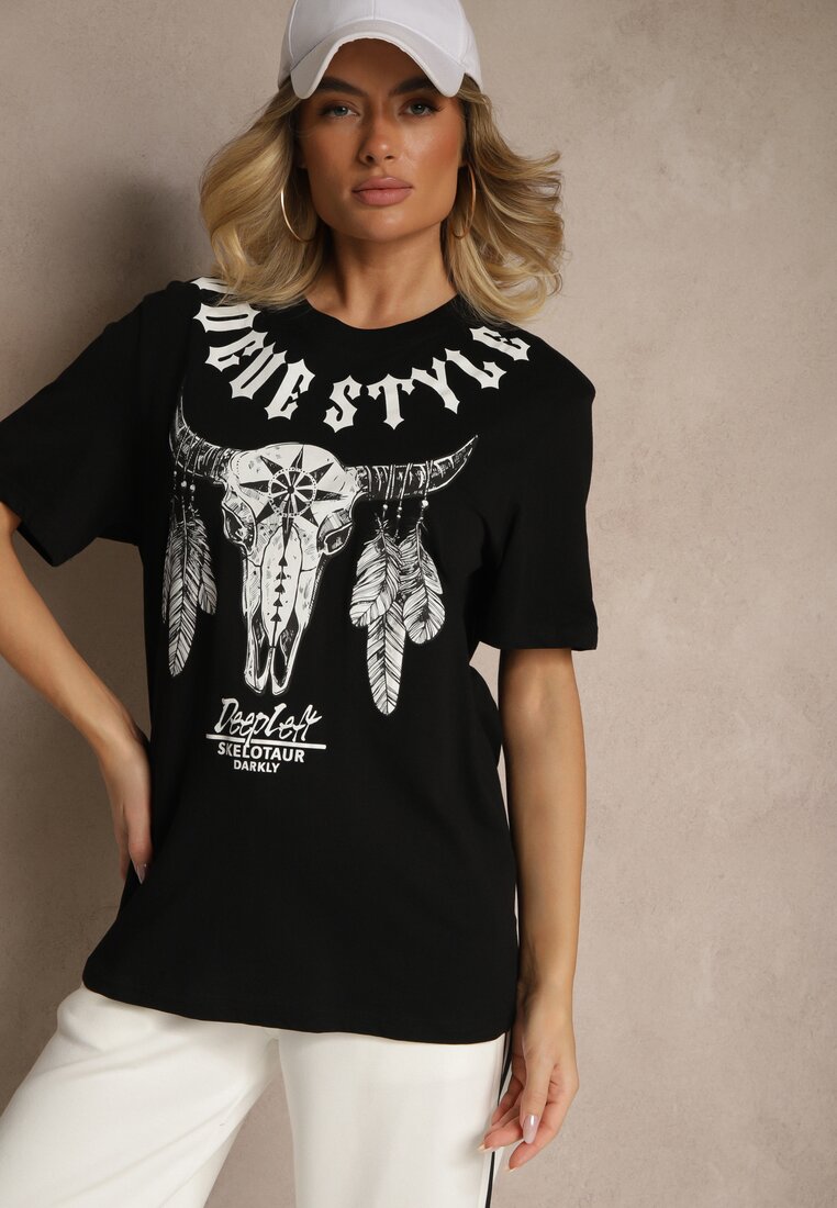 Czarna Koszulka T-shirt Bawełniany z Ozdobnym Nadrukiem Napene