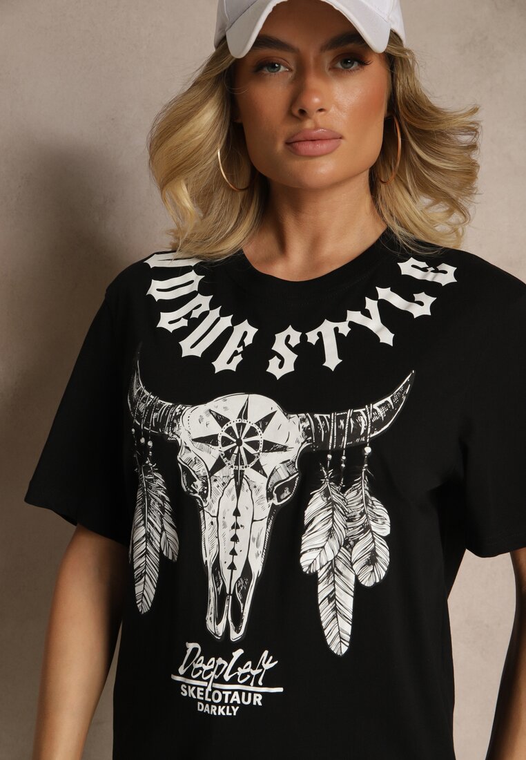 Czarna Koszulka T-shirt Bawełniany z Ozdobnym Nadrukiem Napene