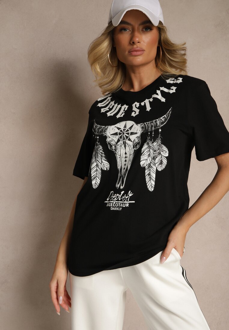 Czarna Koszulka T-shirt Bawełniany z Ozdobnym Nadrukiem Napene