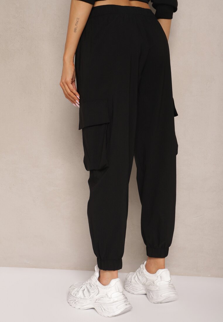 Czarne Spodnie Cargo z Bawełną High Waist Kolanielis