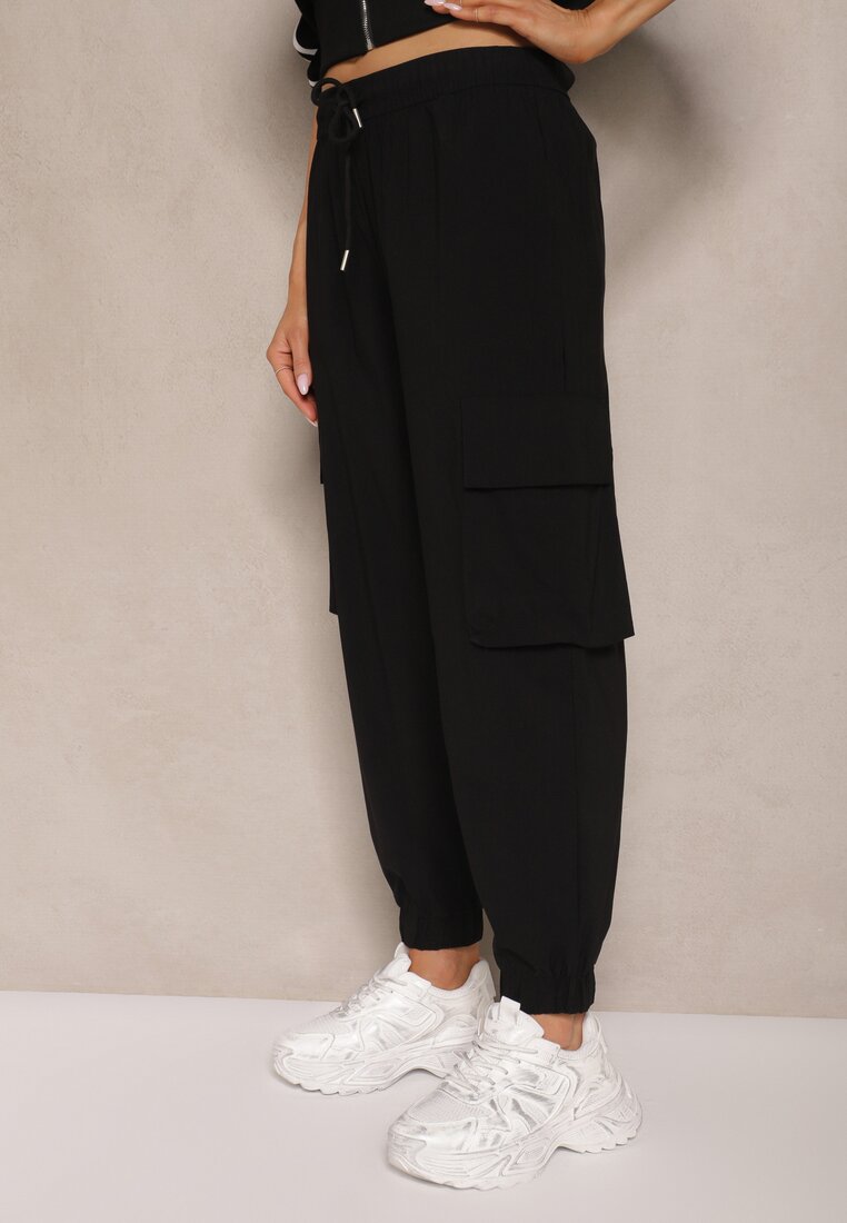 Czarne Spodnie Cargo z Bawełną High Waist Kolanielis