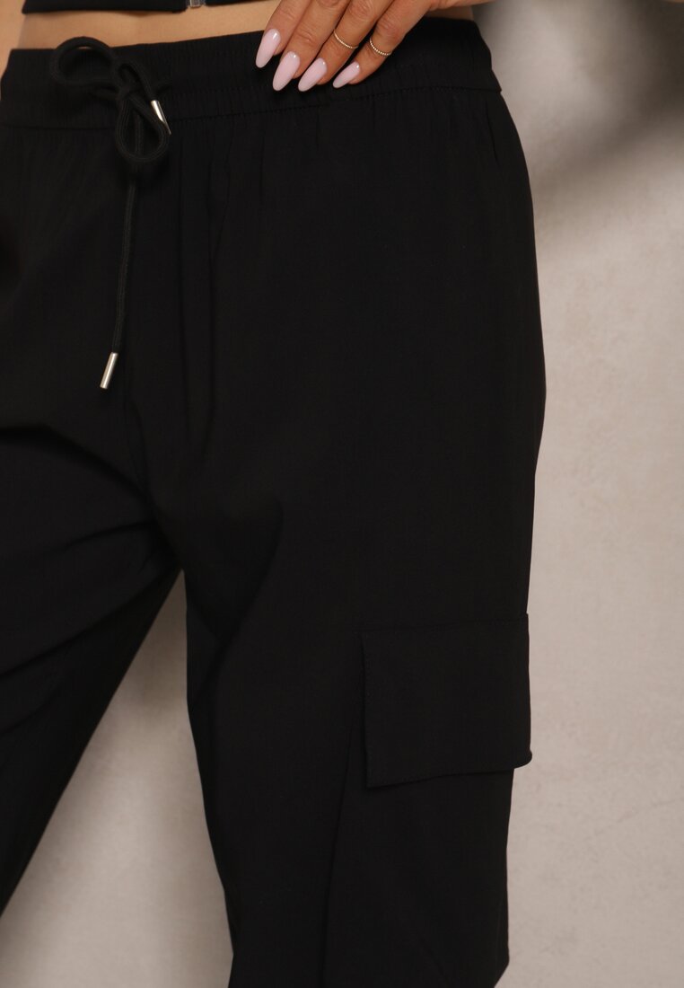 Czarne Spodnie Cargo z Bawełną High Waist Kolanielis