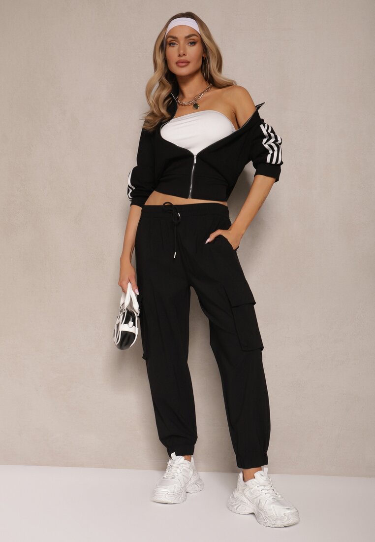 Czarne Spodnie Cargo z Bawełną High Waist Kolanielis