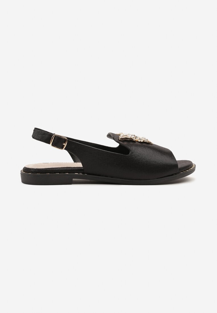 Czarne Sandały Slingback ze Skórzaną Wkładką i Cyrkoniową Aplikacją z Motylem Idirane