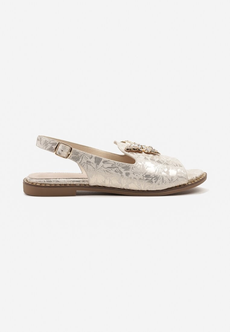 Jasnobeżowe Sandały Slingback ze Skórzaną Wkładką i Cyrkoniową Aplikacją z Motylem Idirane