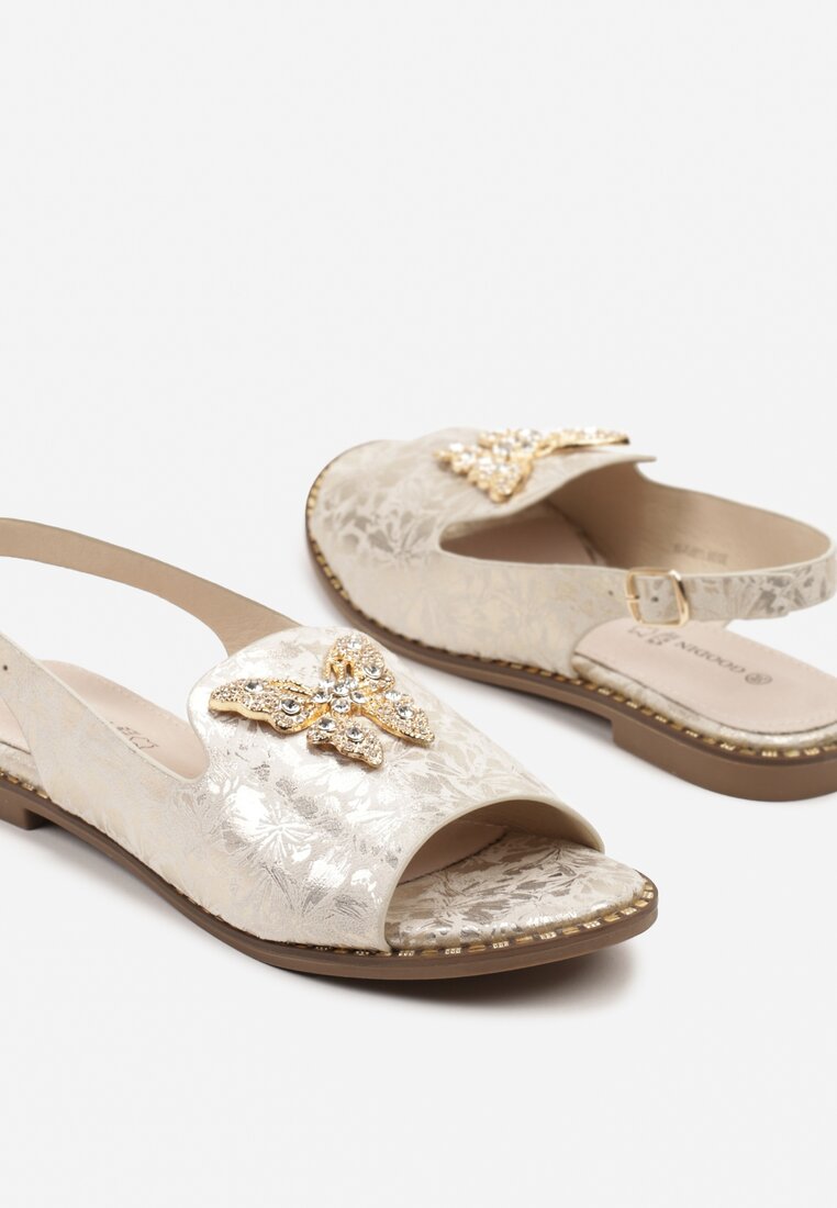 Jasnobeżowe Sandały Slingback ze Skórzaną Wkładką i Cyrkoniową Aplikacją z Motylem Idirane