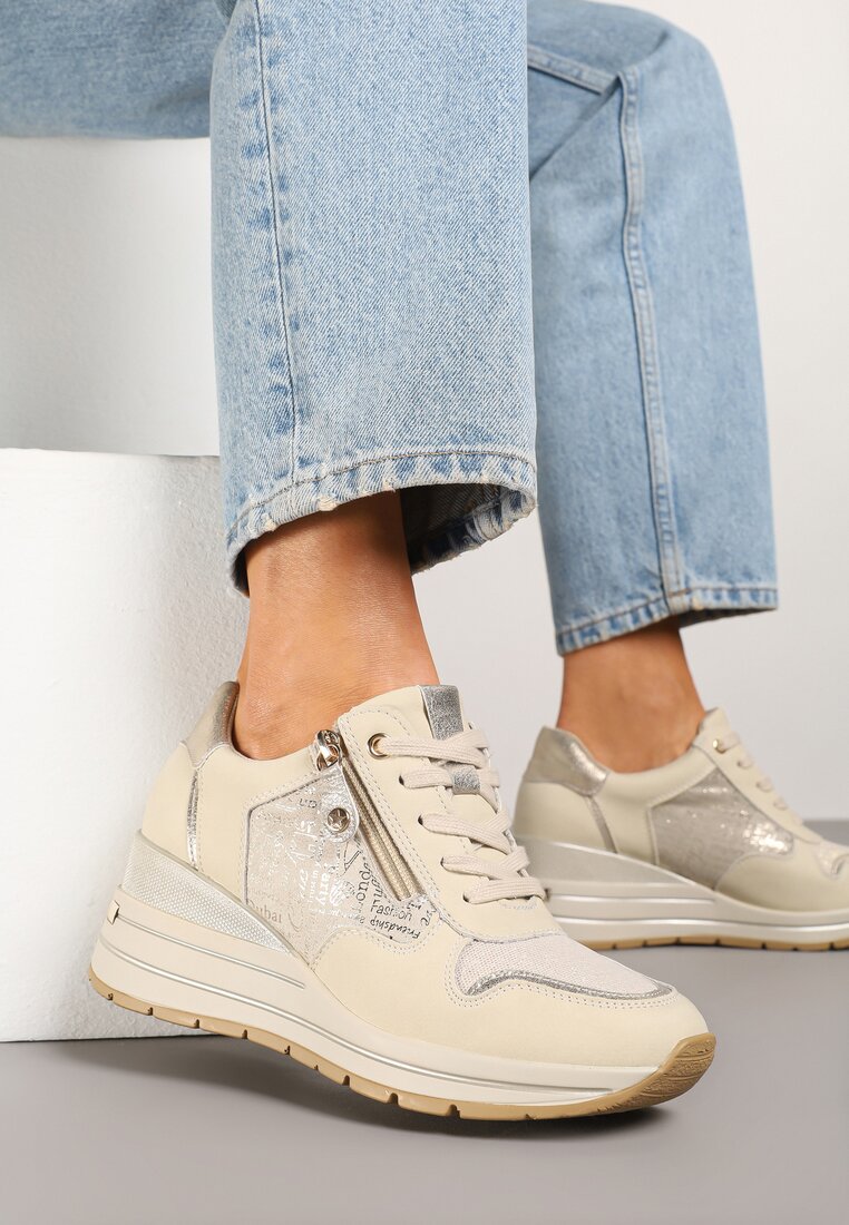 Beżowe Metaliczne Sneakersy ze Skóry Naturalnej na Koturnie z Ozdobnym Suwakiem Tarivone