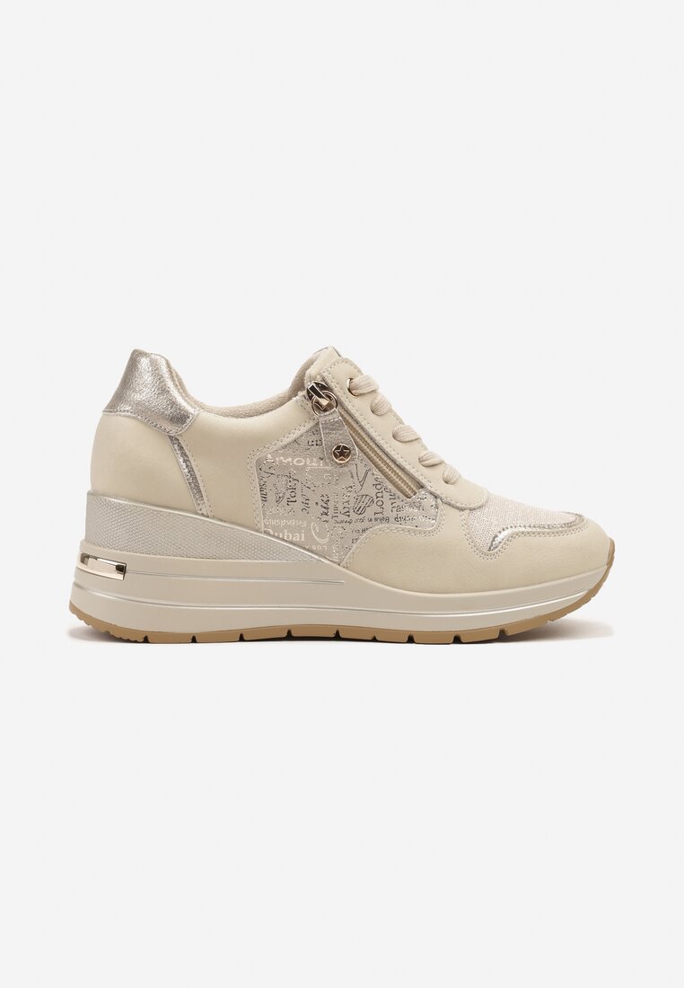 Beżowe Metaliczne Sneakersy ze Skóry Naturalnej na Koturnie z Ozdobnym Suwakiem Tarivone