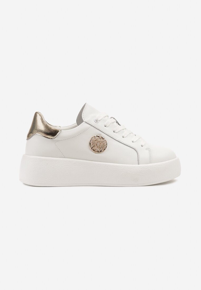Białe Sneakersy ze Skóry Naturalnej Ozdobione Metaliczną Aplikacją Halirithia