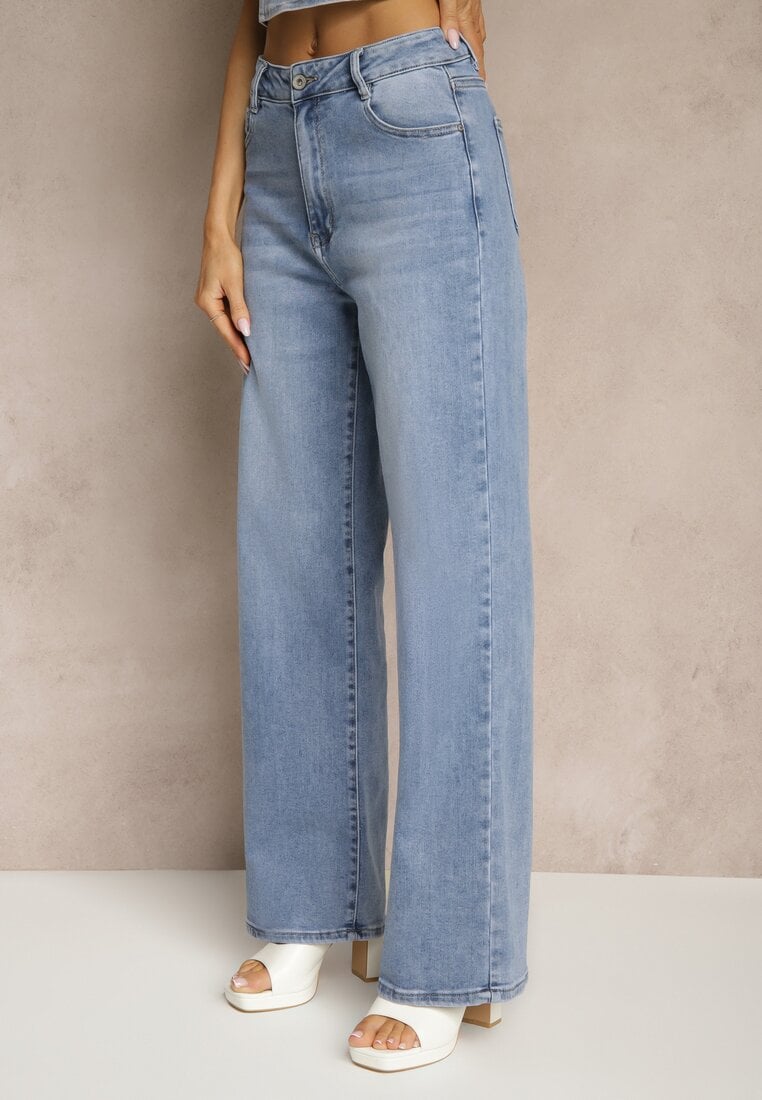 Niebieskie Jeansy High Waist z Szeroką Nogawką Areldia