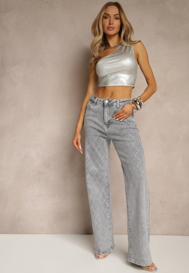 Szare Bawełniane Jeansy o Szerokim Fasonie High Waist z Cyrkoniami Melsedi