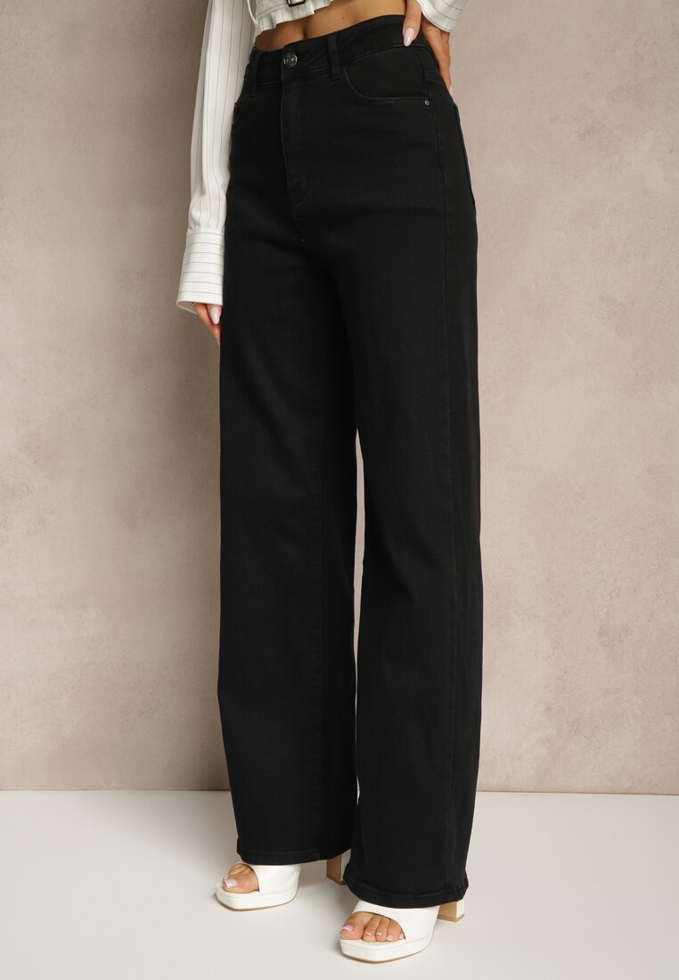 Czarne Jeansy o Szerokim Kroju z Bawełną High Waist Puvirra