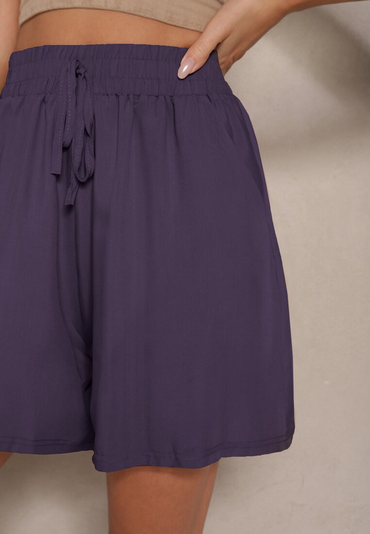 Granatowe Szorty z Bawełny High Waist Ozdobione Wiązaniem Selmio