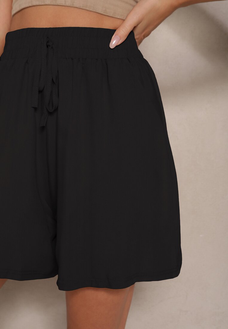 Czarne Szorty z Bawełny High Waist Ozdobione Wiązaniem Selmio