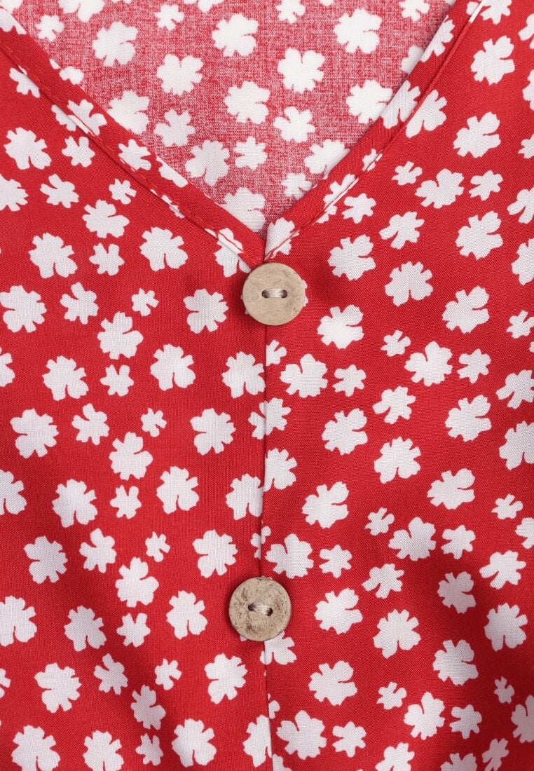 Czerwona Bawełniana Sukienka o Rozkloszowanym Kroju z Guzikami w Kwiatowy Wzór Roniva