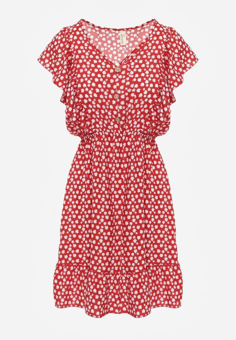 Czerwona Bawełniana Sukienka o Rozkloszowanym Kroju z Guzikami w Kwiatowy Wzór Roniva