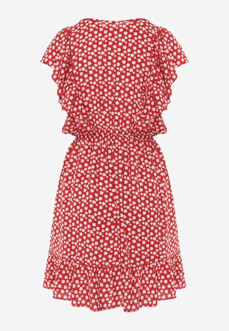 Czerwona Bawełniana Sukienka o Rozkloszowanym Kroju z Guzikami w Kwiatowy Wzór Roniva