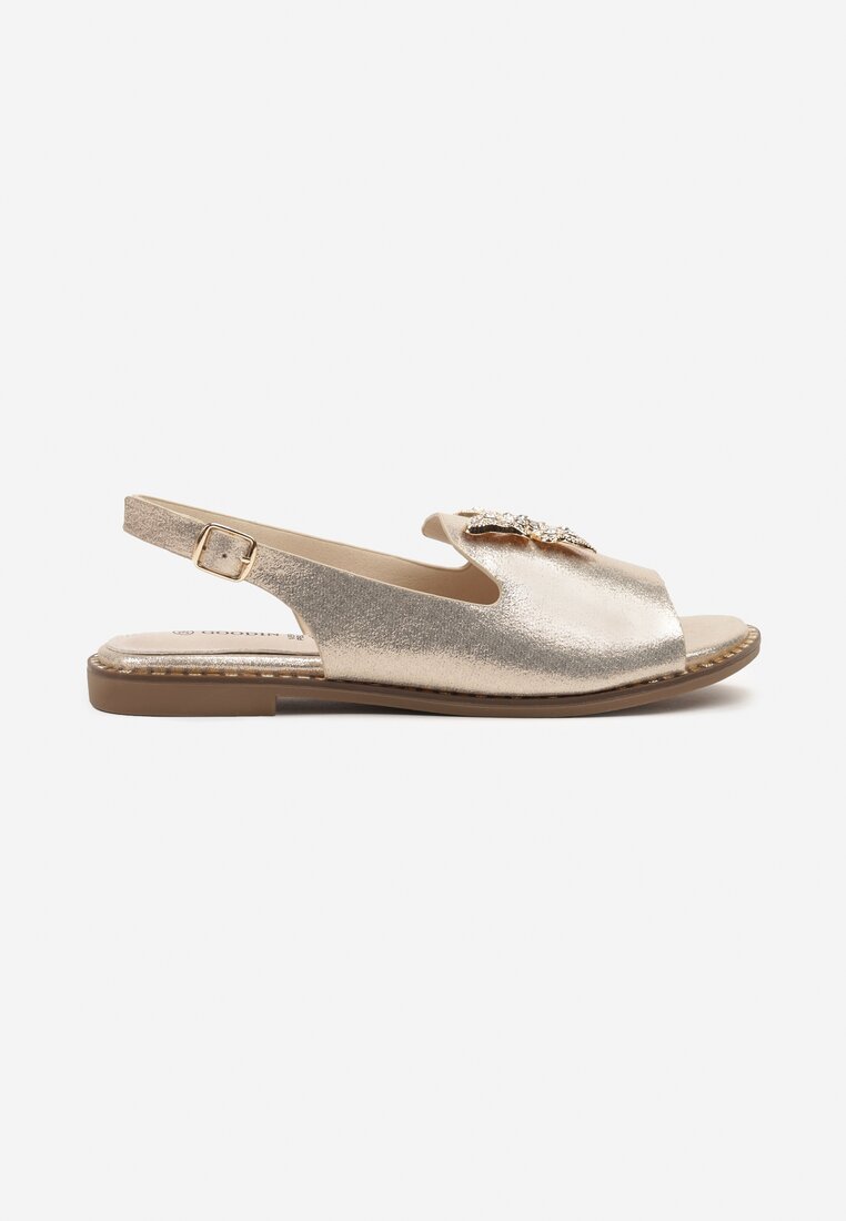 Złote Sandały Slingback ze Skórzaną Wkładką i Cyrkoniową Aplikacją z Motylem Idirane