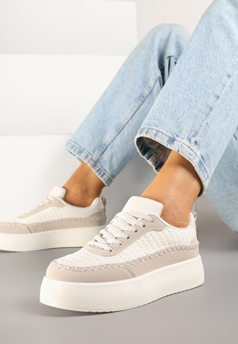 Beżowe Sneakersy na Platformie Ozdobione Plecionką Nilaraviela