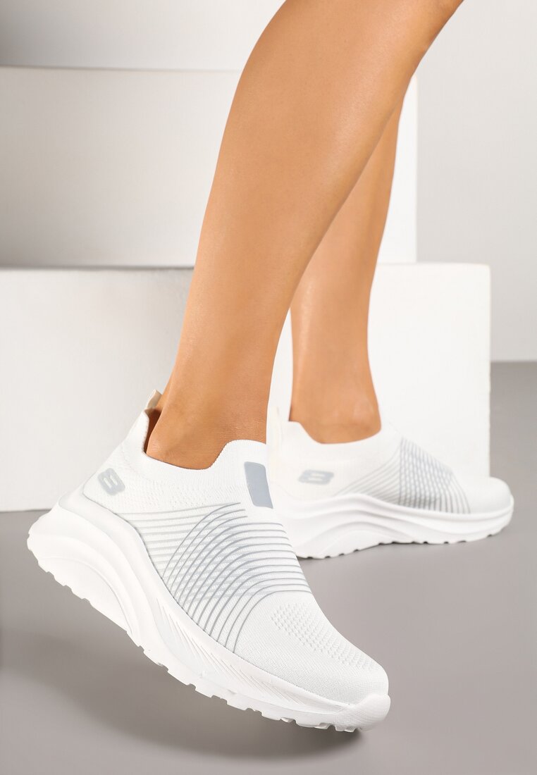 Biało-Szare Buty Sportowe Sneakersy na Tłoczonej Platformie z Elastyczną Cholewką Velmio