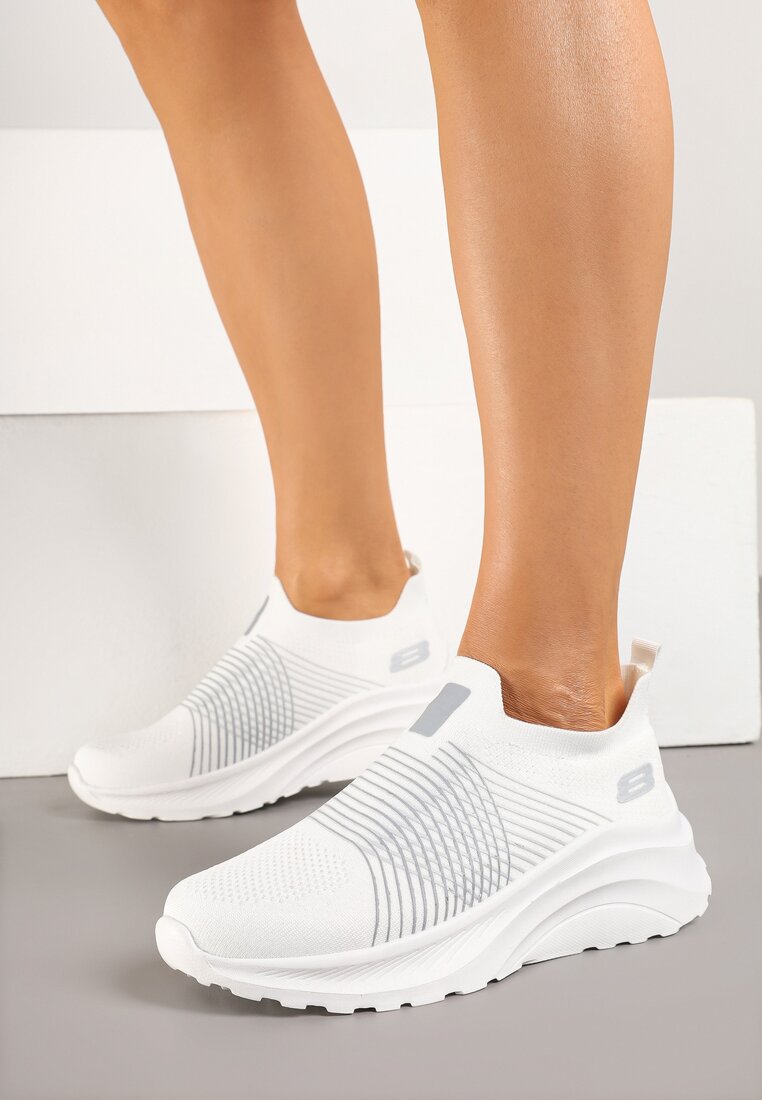 Biało-Szare Buty Sportowe Sneakersy na Tłoczonej Platformie z Elastyczną Cholewką Velmio