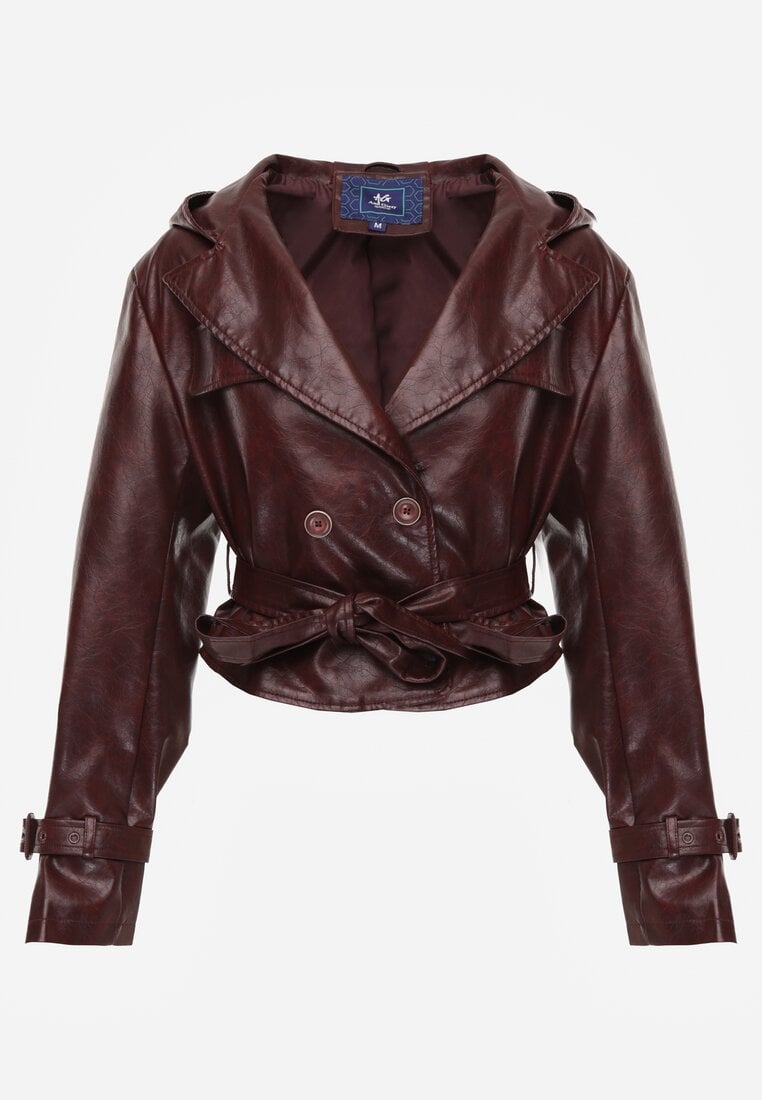 Bordowa Kurtka z Ekoskóry o Krótkim Kroju w Stylu Trencza z Paskiem i Kapturem Nilassiela