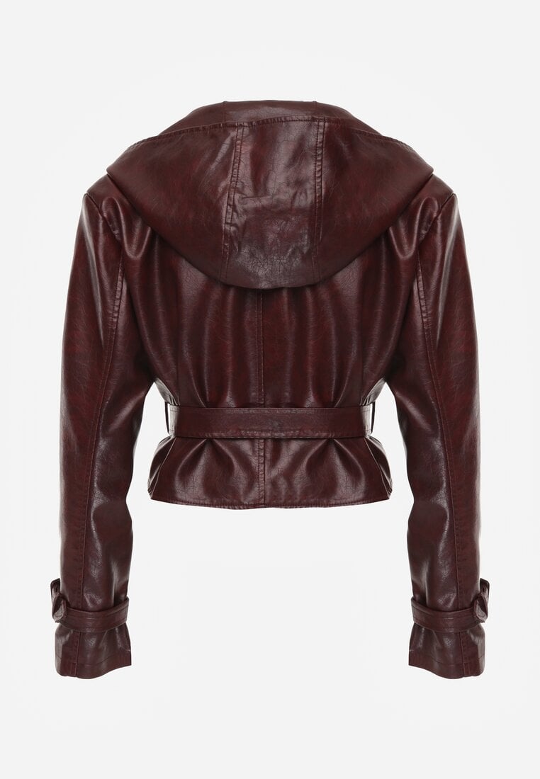 Bordowa Kurtka z Ekoskóry o Krótkim Kroju w Stylu Trencza z Paskiem i Kapturem Nilassiela