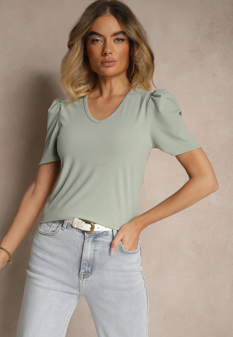 Zielony T-shirt z Trójkątnym Dekoltem Sunille