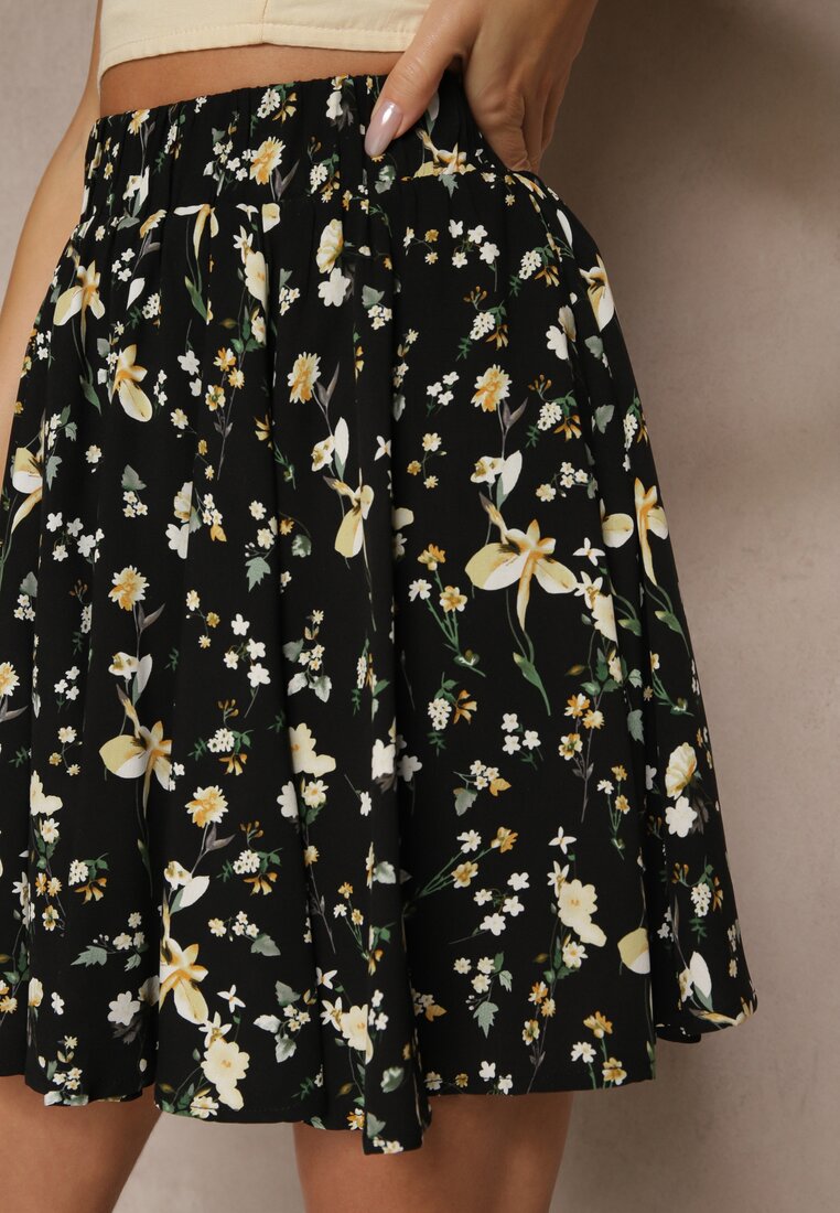 Czarno-Beżowe Spódnico-Szorty High Waist w Kwiaty Sunevra