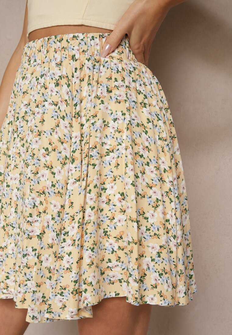 Beżowe Spódnico-Szorty High Waist w Kwiaty Sunevra