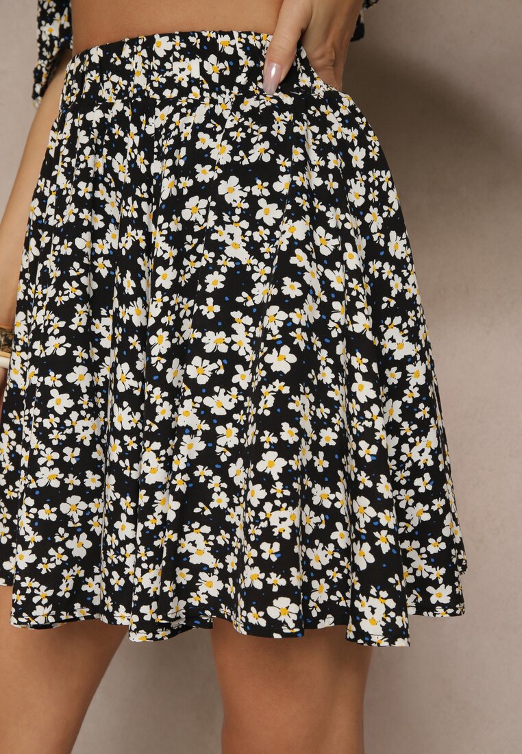 Czarno-Białe Spódnico-Szorty High Waist w Kwiaty Sunevra
