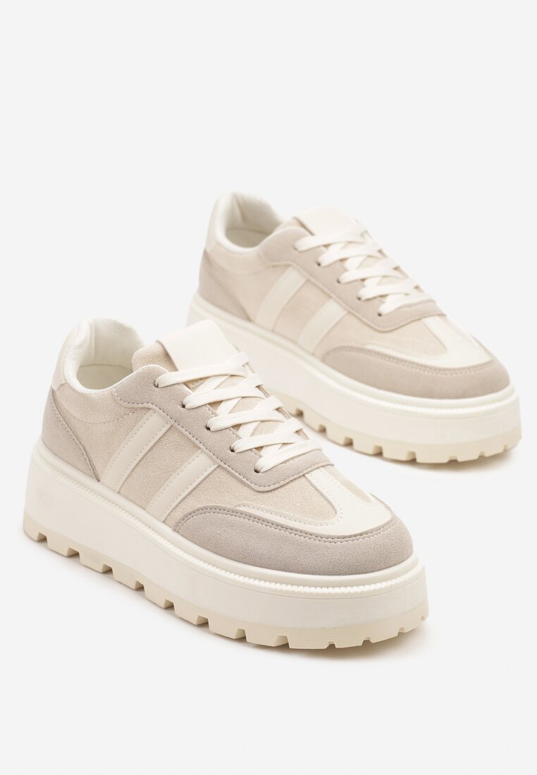 Beżowe Sneakersy w Stylu Klasycznych Tenisówek na Platformie ze Żłobieniami Xarmio