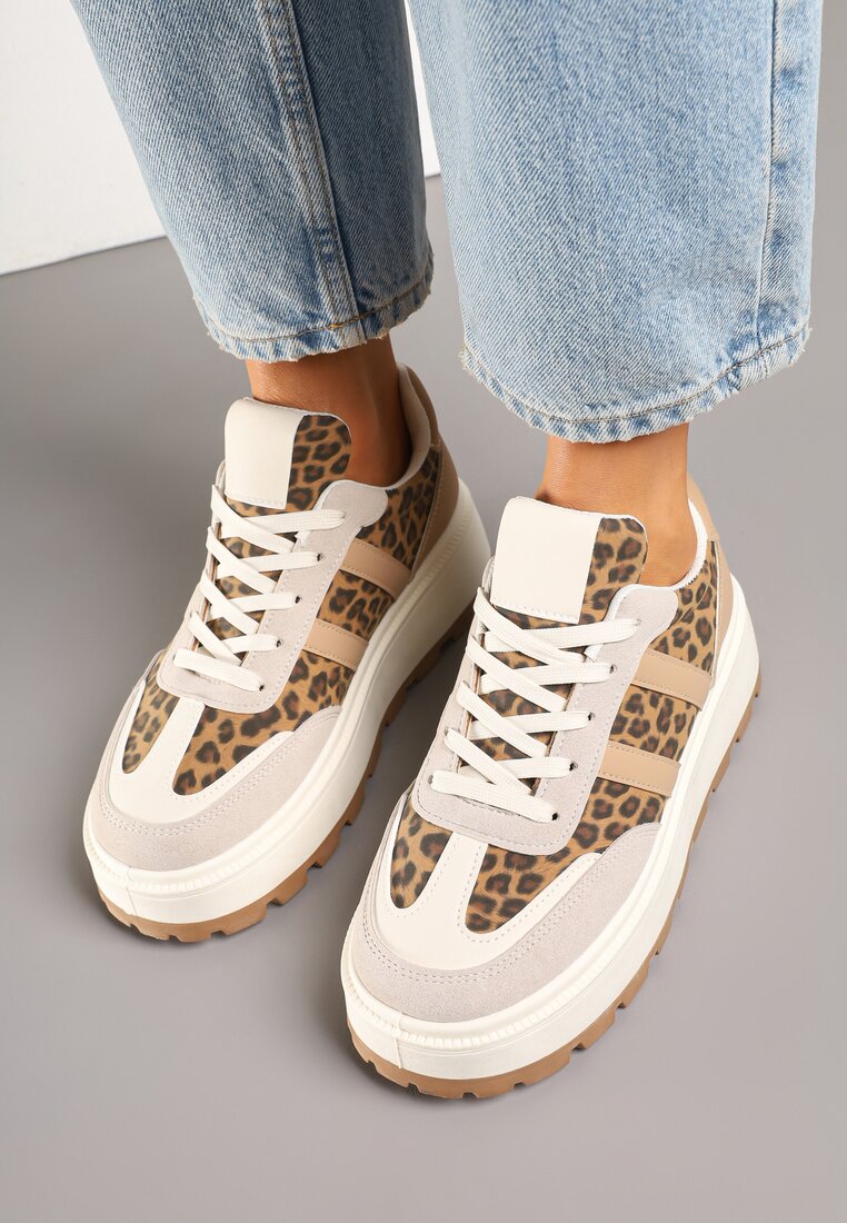 Panterkowe Sneakersy w Stylu Klasycznych Tenisówek na Platformie ze Żłobieniami Xarmio