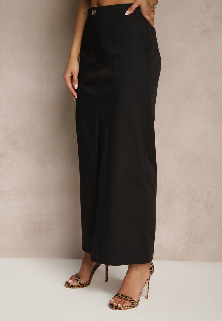 Czarna Ołówkowa Spódnica z Bawełny High Waist z Rozcięciem z Przodu Aliselle