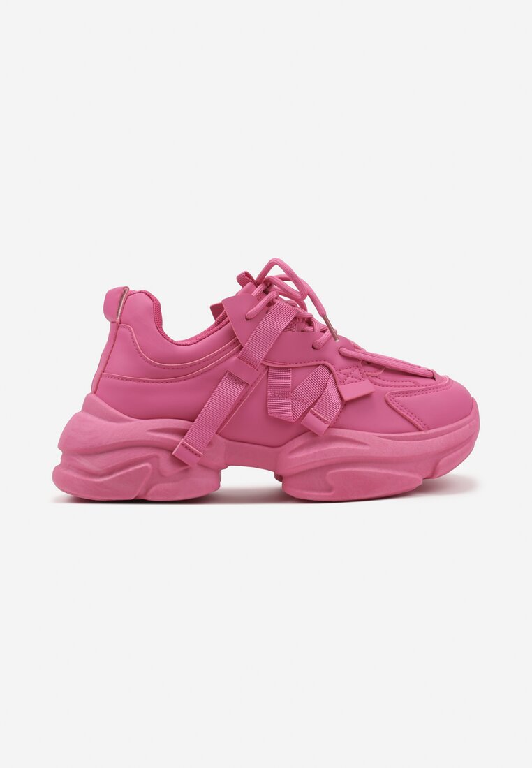 Fuksjowe Sneakersy na Platformie z Tłoczeniami i Ozdobnymi Tasiemkami Leneris
