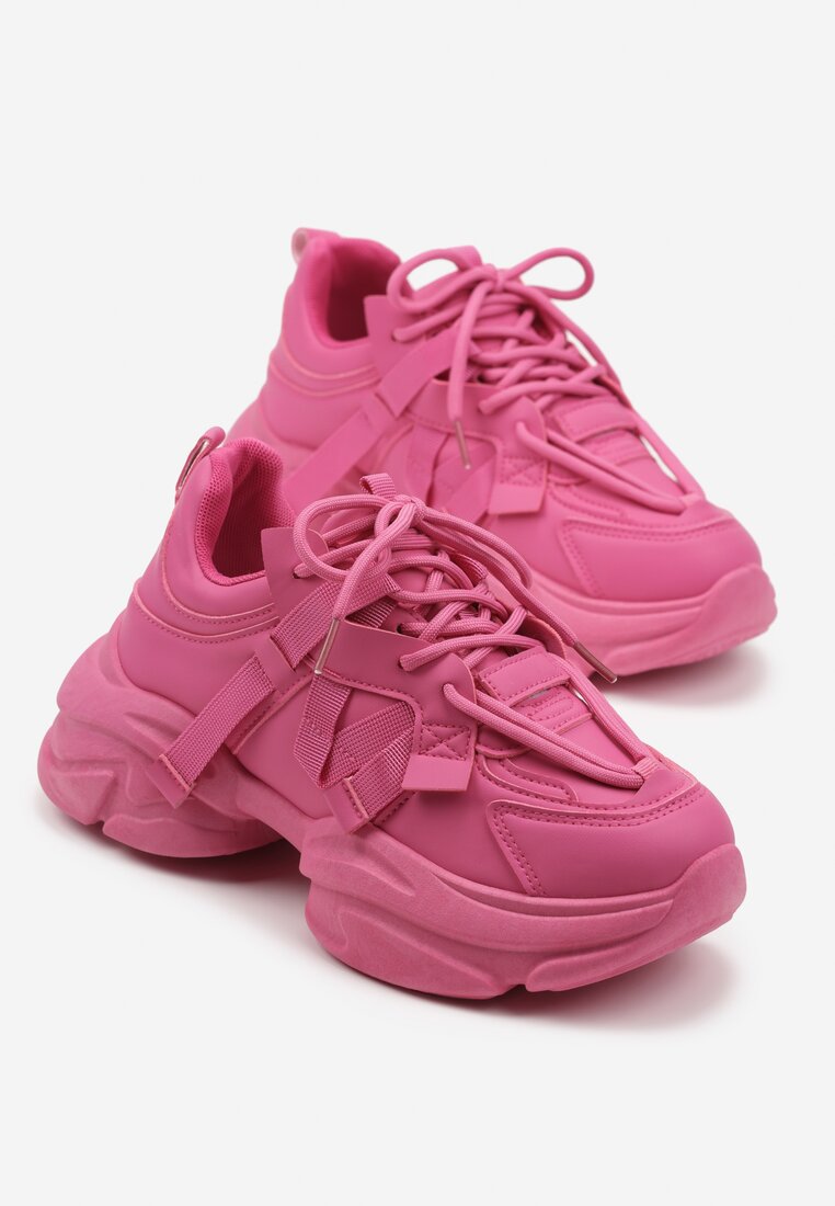 Fuksjowe Sneakersy na Platformie z Tłoczeniami i Ozdobnymi Tasiemkami Leneris