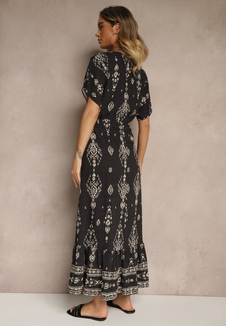 Czarna Rozkloszowana Sukienka z Falbanką w Print Boho z Wiskozą Tunova