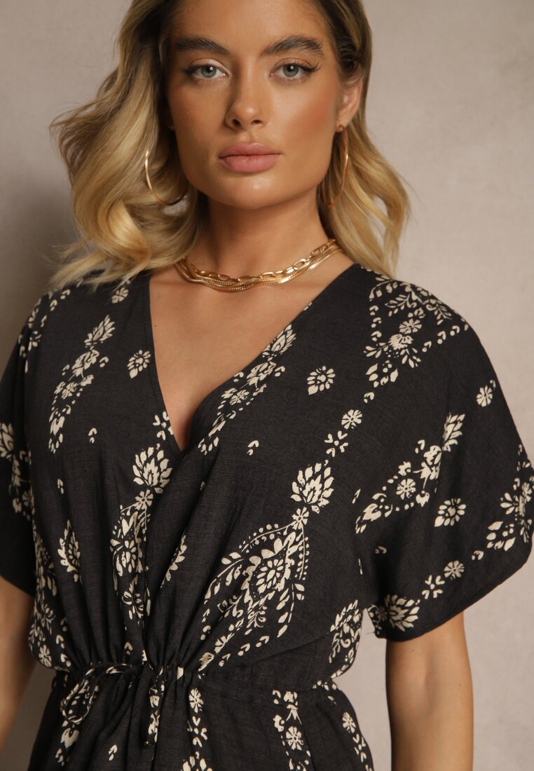 Czarna Rozkloszowana Sukienka z Falbanką w Print Boho z Wiskozą Tunova