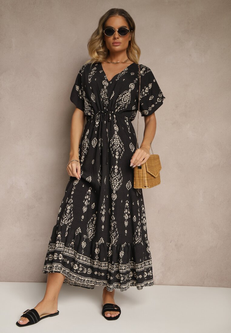 Czarna Rozkloszowana Sukienka z Falbanką w Print Boho z Wiskozą Tunova