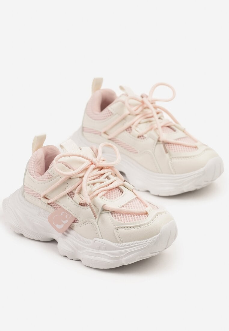 Biało-Różowe Buty Sportowe Sneakersy z Tłoczoną Cholewką Ellivenne