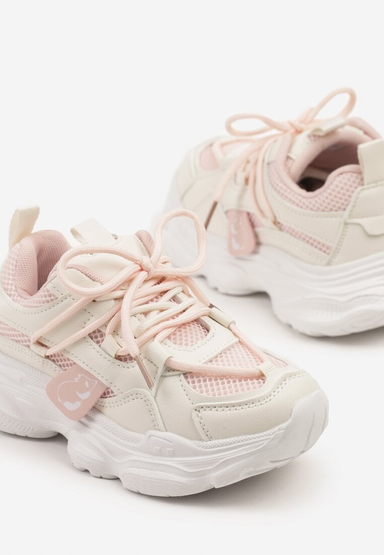 Biało-Różowe Buty Sportowe Sneakersy z Tłoczoną Cholewką Ellivenne